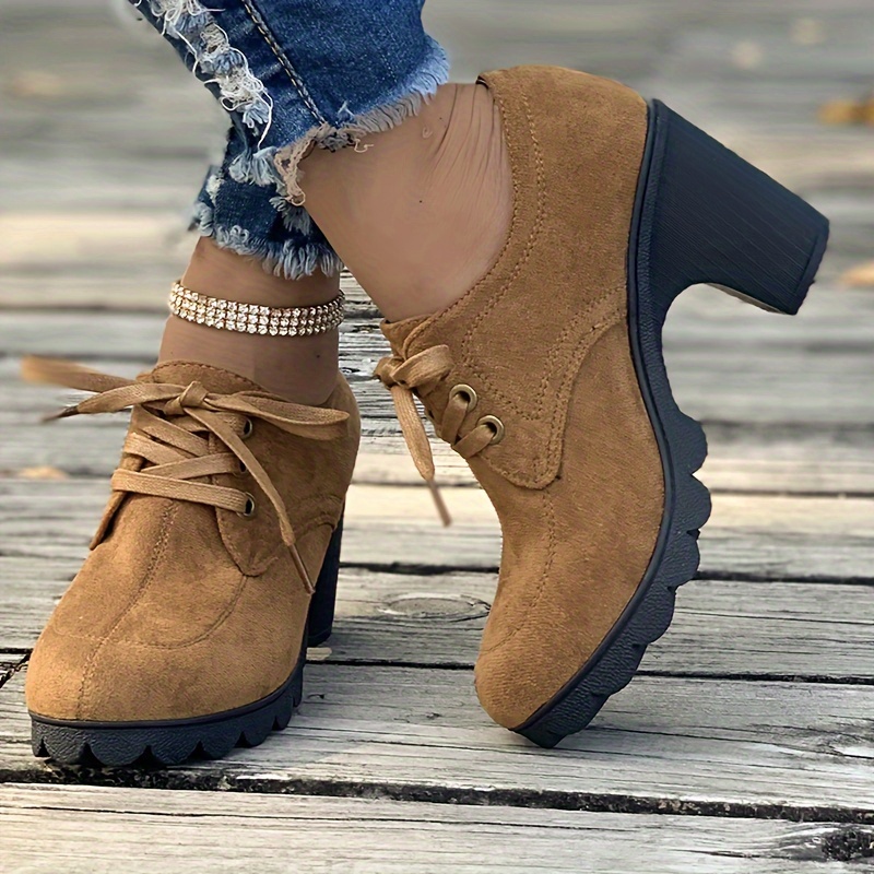 ankle boots, womens lace up ankle boots casual solid color chunky heeled booties round toe high heeled short boots details 7