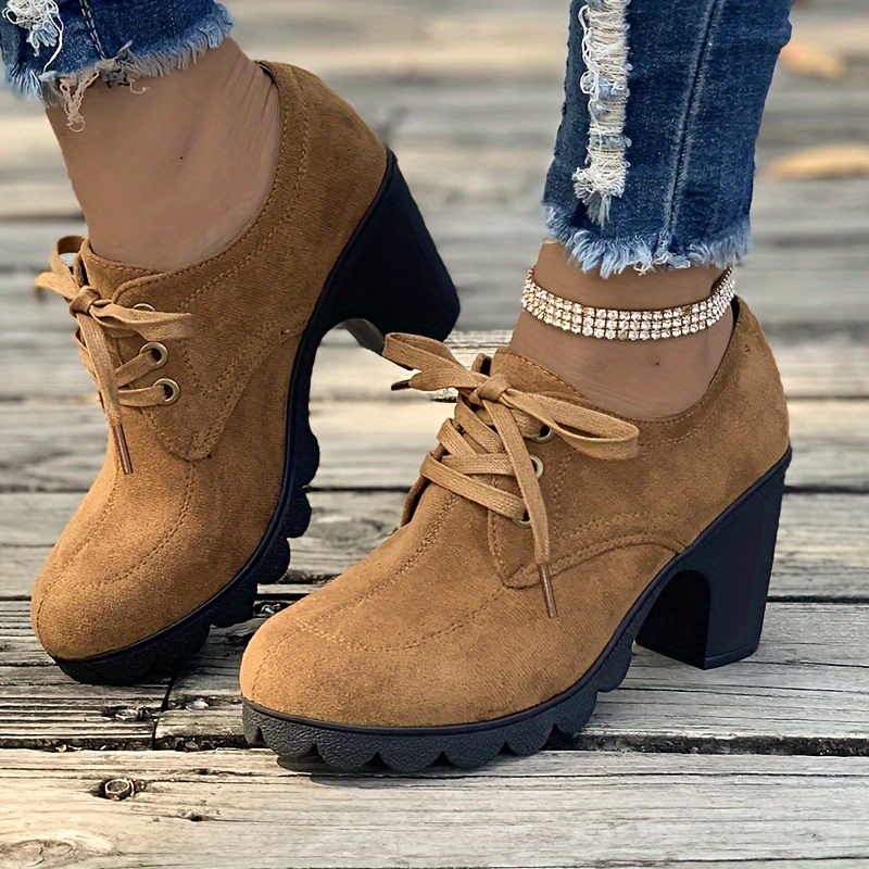 ankle boots, womens lace up ankle boots casual solid color chunky heeled booties round toe high heeled short boots details 8