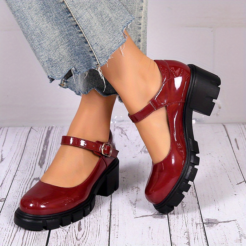 womens chunky heel shoes solid color round toe buckle strap patent leather shoes versatile dress mid heels details 2