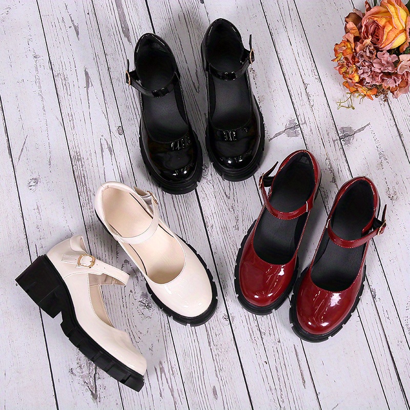 womens chunky heel shoes solid color round toe buckle strap patent leather shoes versatile dress mid heels details 9